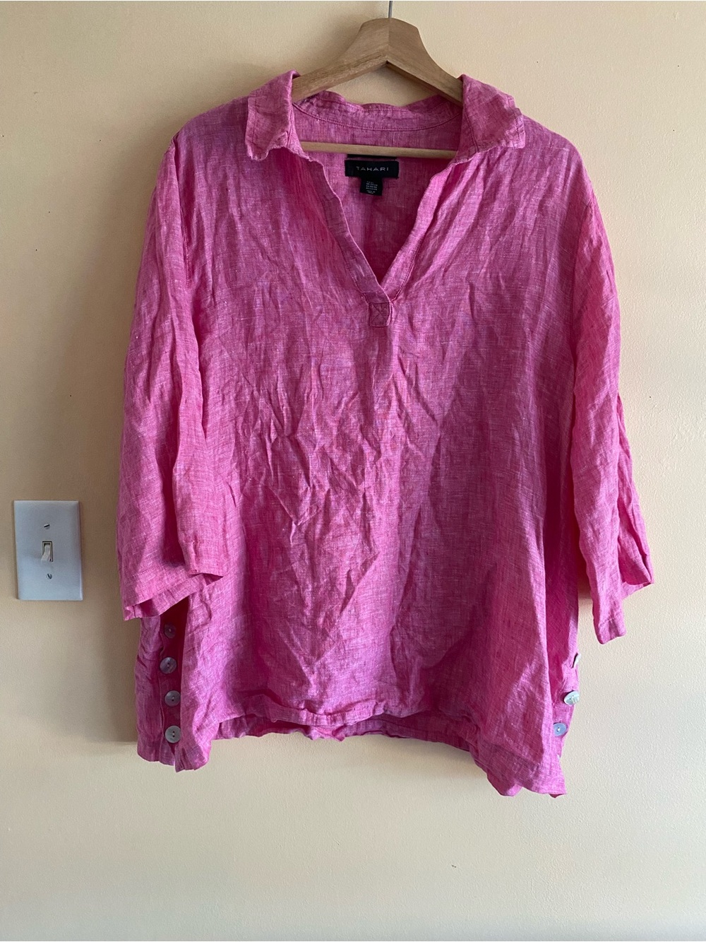 TAHARI 100% Linen Popover Top Womens 2X Pink 3/4 Sleeve Side Buttons Lagenlook - Picture 2 of 11